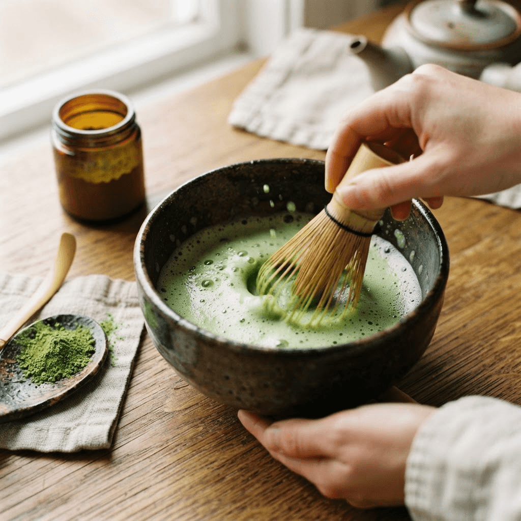 Bright green matcha being whisked with a traditional bamboo chasen in a ceramic bowl